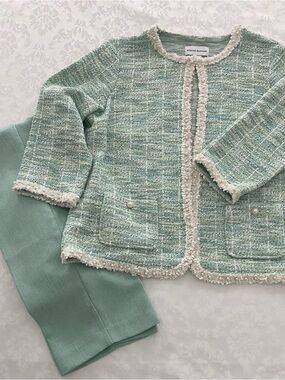 Alfred Dunner Mint Green Tweed Jacket with Cream Trim with Coordinated Pant